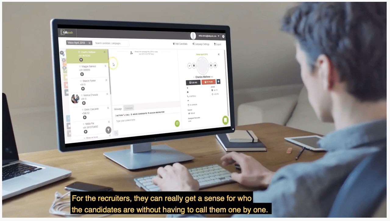 Estudo de caso de vídeo da Talkpush Recruiter using Talkpush software looking at computer screen